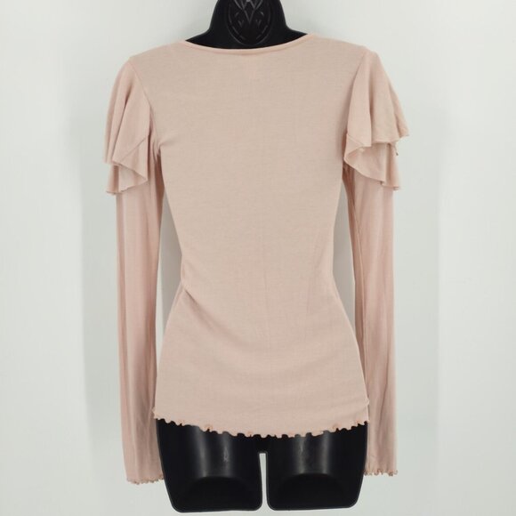 FP We The Free Sz XS Light Pink Round Neck Ruffle Shoulder Long Sleeve Casual T - Picture 5 of 8